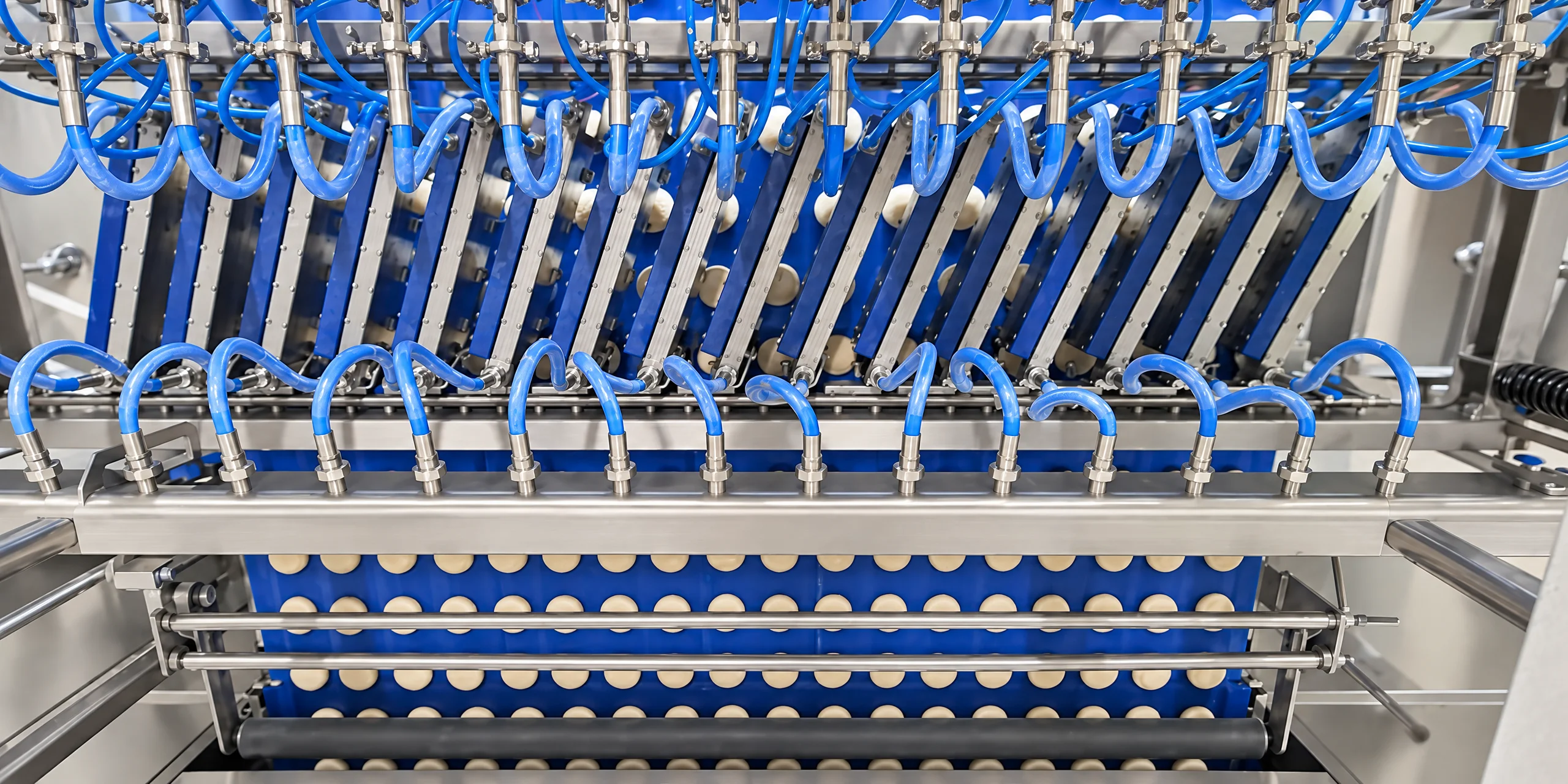 Row of depositing heads with blue supply hoses above a conveyor, seen from above