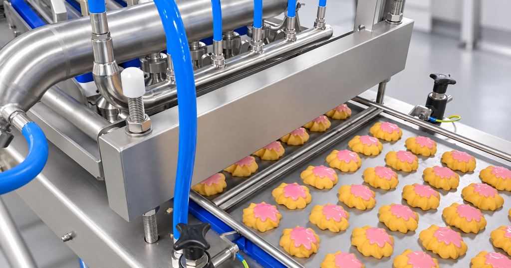 Depositing head placing a pink topping on flower-shaped cookies on a tray