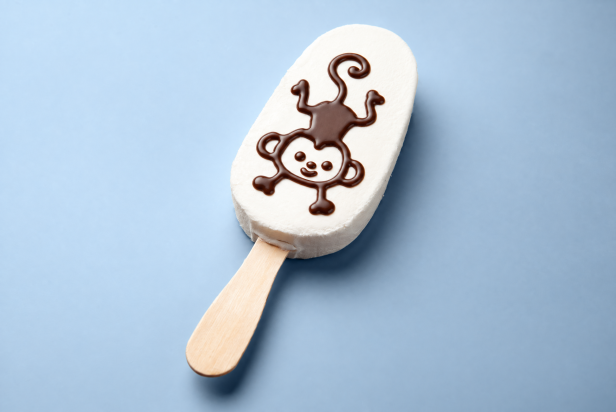 White ice cream bar on a stick decorated with a chocolate monkey