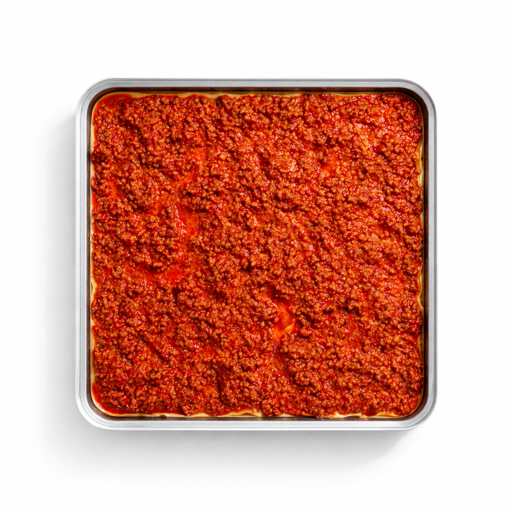 Square lasagne tray with an even layer of meat sauce up to the rim, top view on a white background