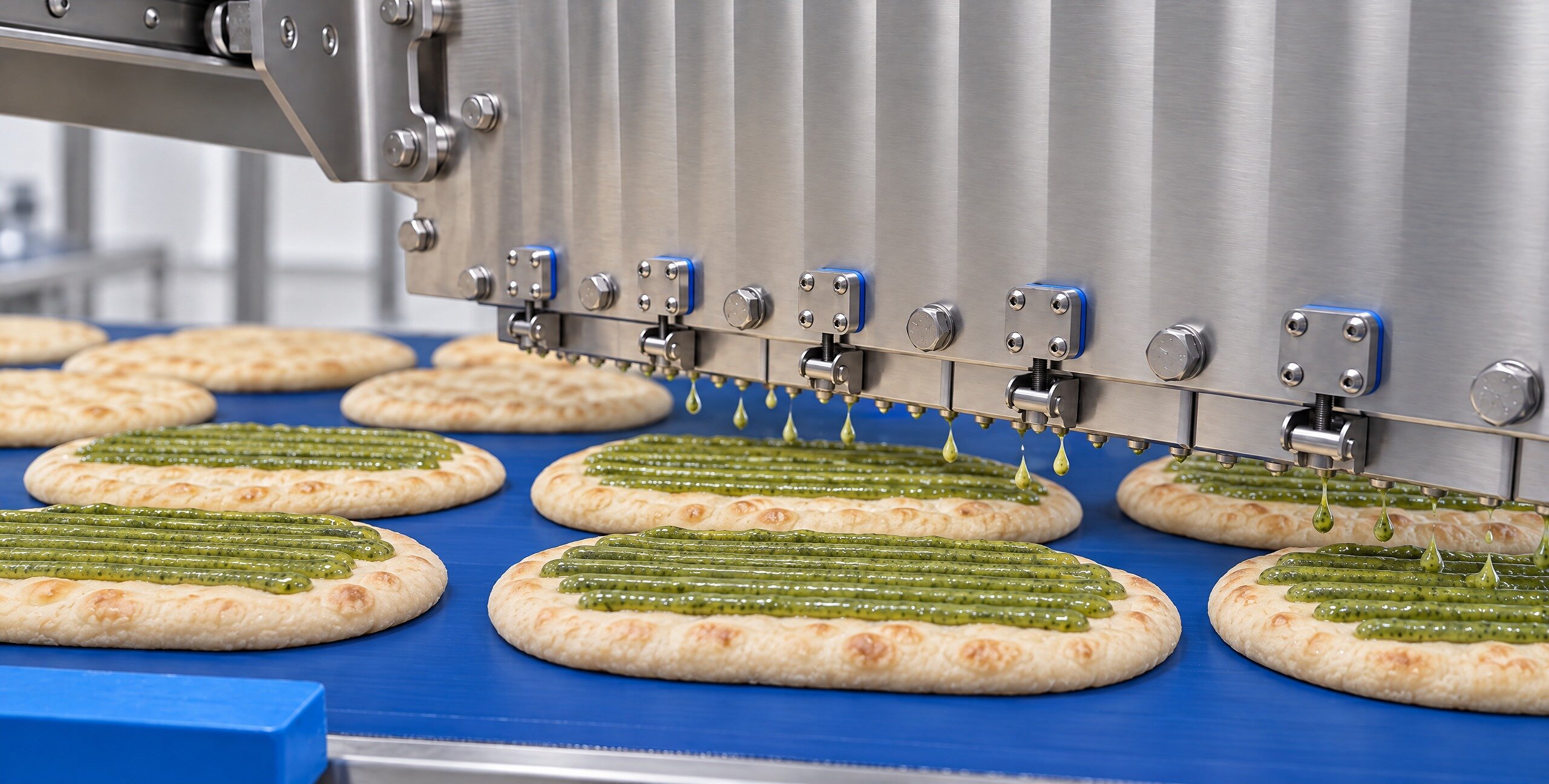 Depositing heads placing green pesto in lines on thick round flatbreads on a conveyor