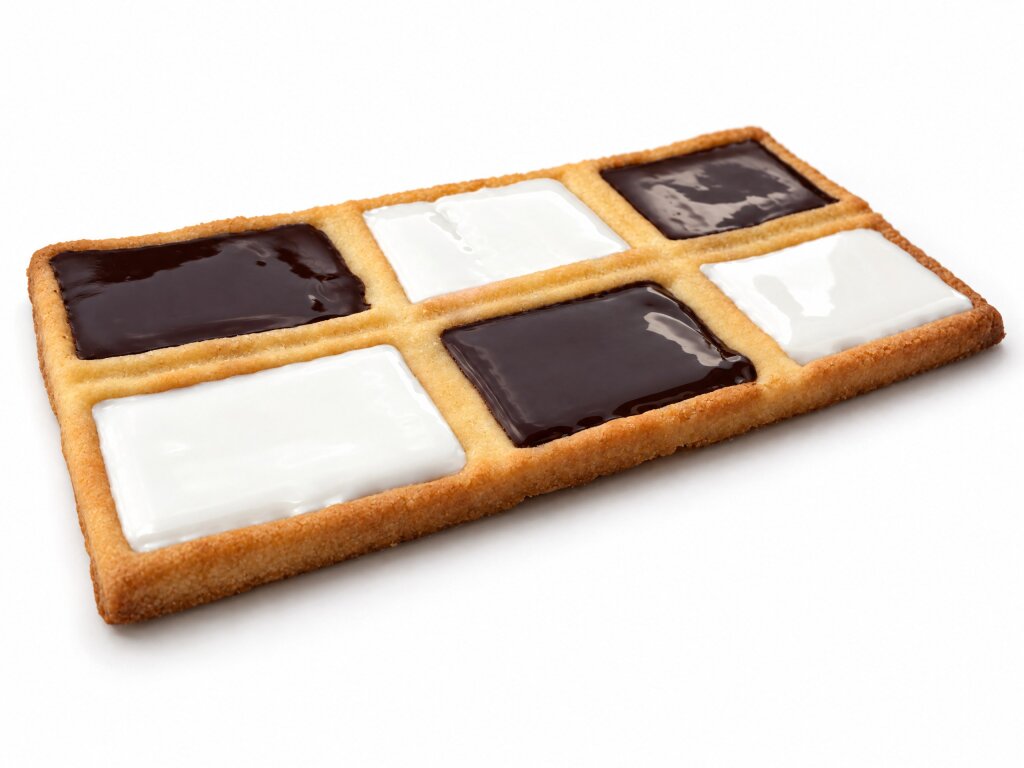 Biscuit with six compartments of white and dark compound, on a white background